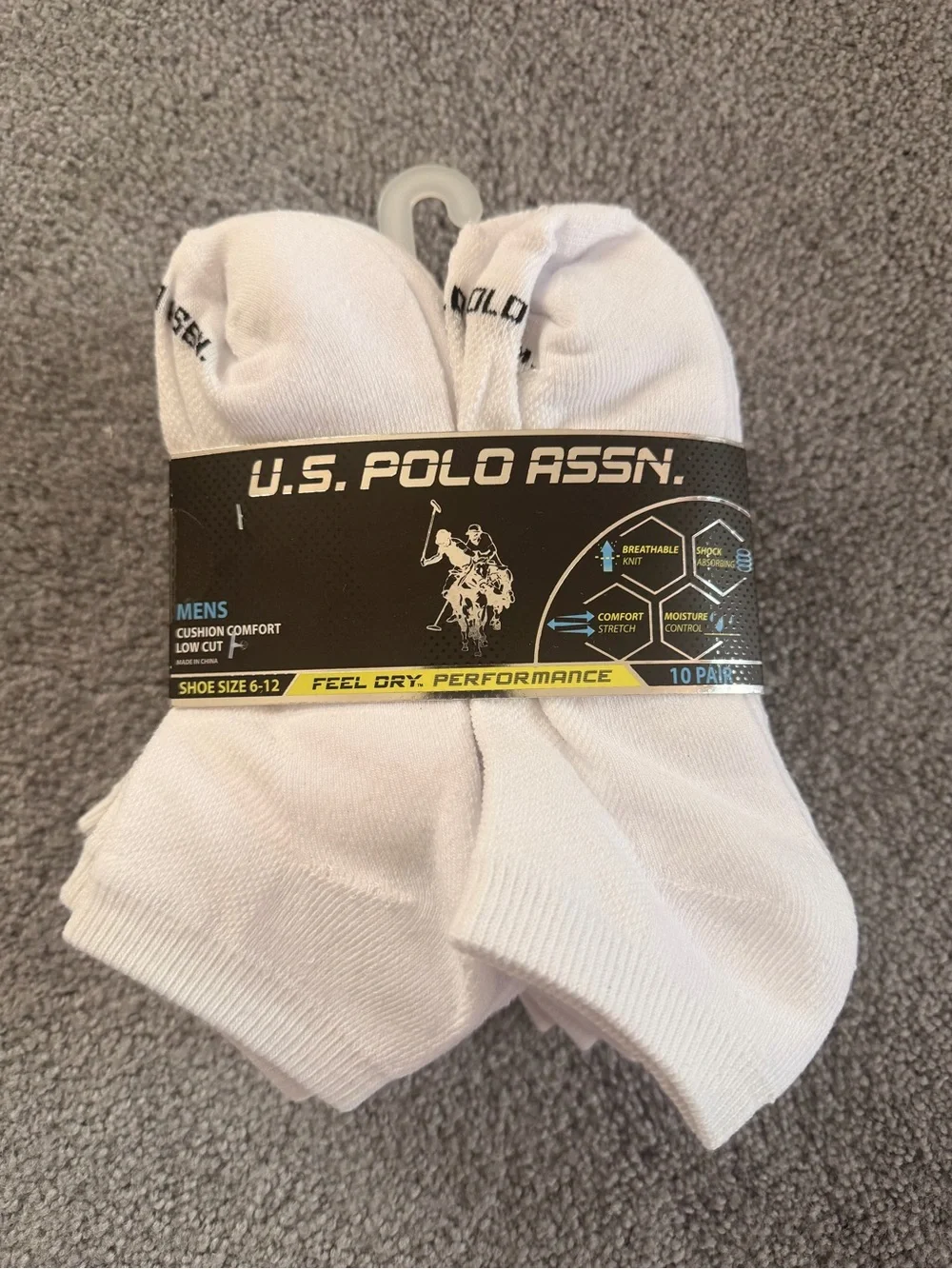 U.S. Polo Assn. Men’s 10-Pack Low Cut Performance Socks White Size 6–12